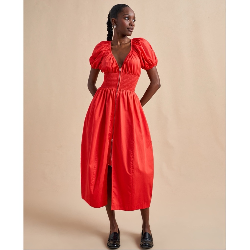La Ligne Celina Shirred Cotton-Poplin  Smocked Midi Dress In Poppy Red NWT